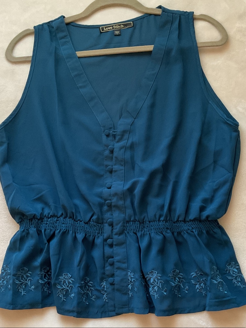 Love Stitch Teal Button-Front Peplum Tank